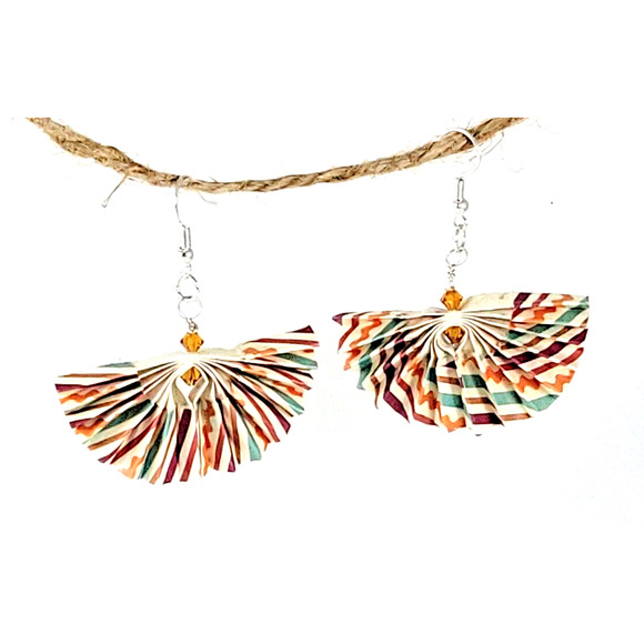 Multicolor Striped Origami Fan Earrings with Swarovski Beads - Picture 3 of 7